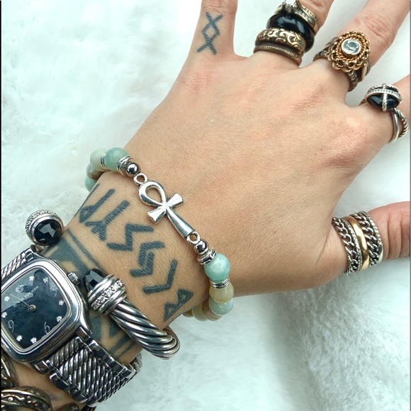 Genuine faceted amazonite gems ankh cross bracelet - Picture 11 of 12